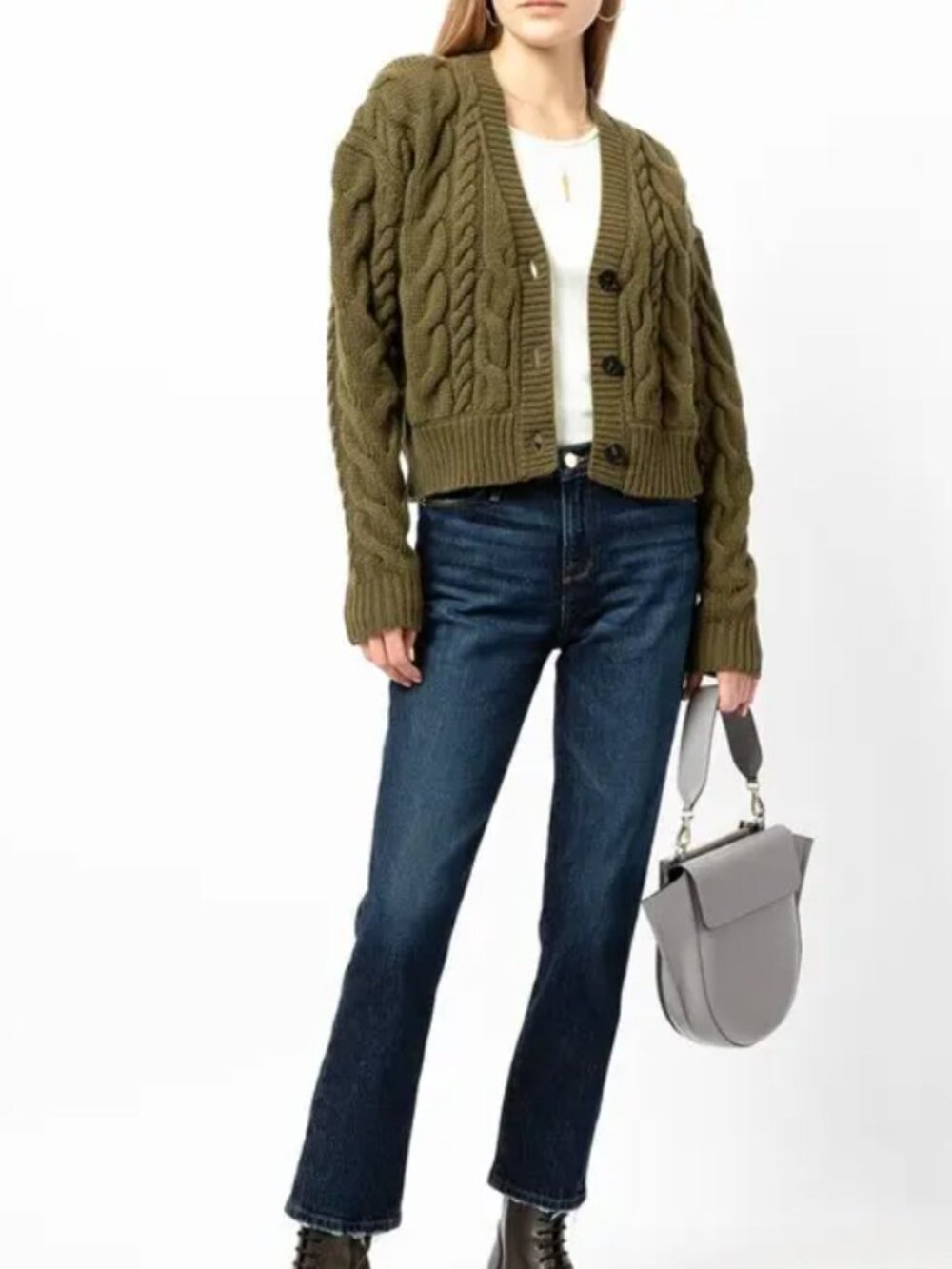 Frame Olive Cable Knit V-Neck Cardigan Sweater